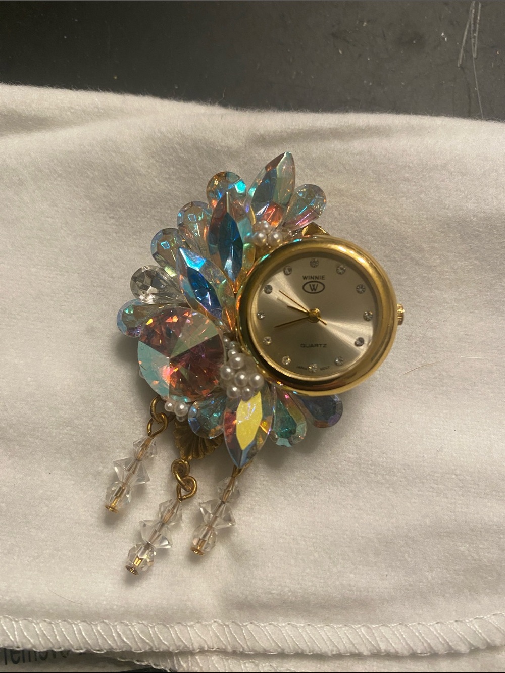 Vintage Aurora Bareilles rhinestone Winnie watch Brooch